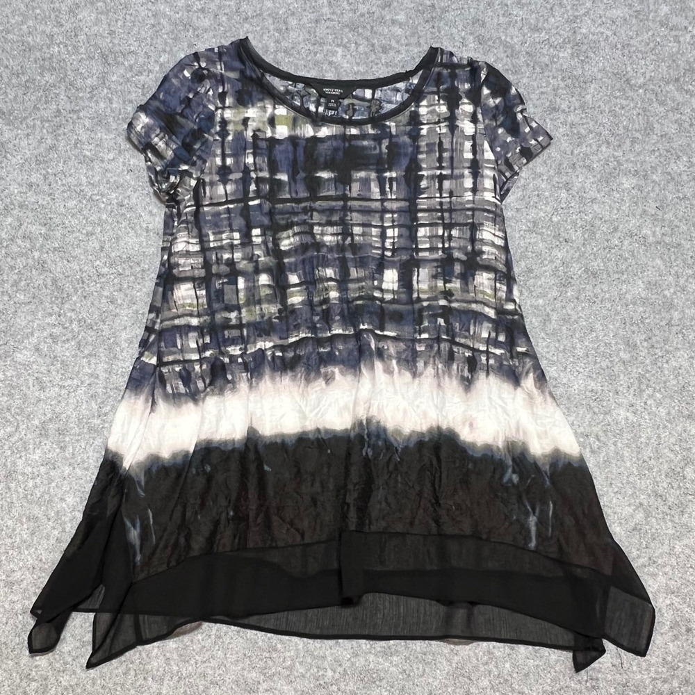 Simply Vera Vera Wang Tunic Top Medium Navy Black Plaid Tie Dye Sharkbite Hem